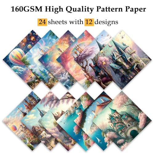 Scrapbook Paper, 24 Sheets 6"×6" 160gsm Single-Sided Patterned Cardstock - color: 24 sheets-dream castle