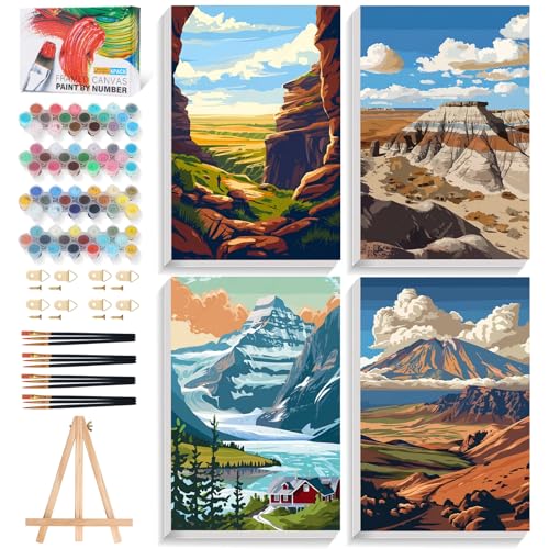 4 Pack National Park Paint by Numbers Kit for Adults Beginner Framed, Mountain Landscape Paint by Number Kits with Frame, DIY Acrylic Adult Paint by Number Kits on Canvas for Home Decor Gift 8x12 Inch - color: XM-OP-4P-F-NationalPark002-2030
