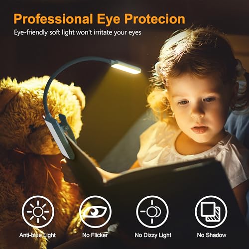 Gritin 9 LED Rechargeable Book Light for Reading in Bed | Eye Caring 3 Color Temps,Stepless Dimming Brightness,80 Hrs Runtime Small Lightweight Clip On Book Reading Light-Pacific Blue - color: Pacific Blue