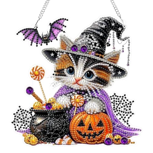 Genius maker Halloween Diamond Art Hanging Kits for Adults, Cat Special Shaped Diamond Painting Kit, Acrylic 5D Crystal Diamonds Gem Art Painting Hanging Ornament for Home Wall Decor - color: AS006