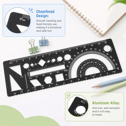 Multifunctional Geometric Ruler 15cm Geometric Drawings Stencils Rulers Aluminum Measuring Template with Protractor Straight Edge and Circle Shapes for Math Projects Black