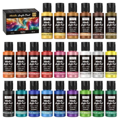 Nicpro 24 Colors Metallic Acrylic Paint Set, Pearlescent Acrylic Paint | 2oz/60ml Each, Non Toxic Non Fading Craft Paint for Wood, Clay, Metal, Canvas, Furniture, Handcraft, Model, Art Supplies - color: 20 Metallic Colors-2oz
