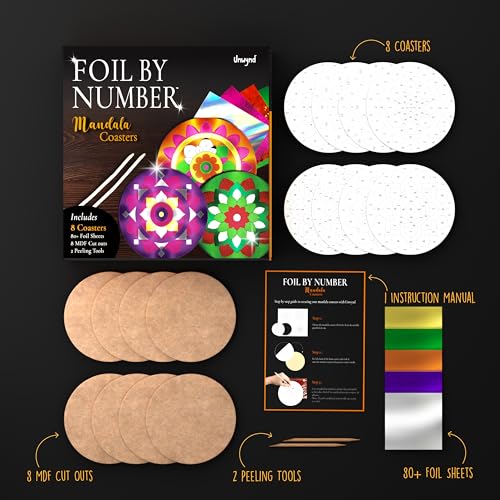 Unwynd Foil/Paint by Number Mandala Art & Craft Kit,Fun Adults, Women,Teens | 8 thick coasters, 80 foil sheets, fixative, sticker poke diy hobbies for kids, girls, ages 9-12, ladies, gifts for seniors