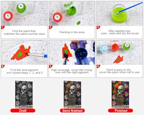 TUMOVO Adult Paint by Number Kit on Canvas Skull on Book | skull 16x20 inch unframed canvas with acrylic paints and 3 brushes, DIY gift for adults and relaxing DIY craft. - color: Skull