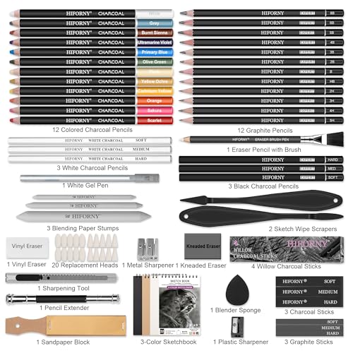 HIFORNY 76 PCS Drawing Set Sketching Kit,Sketch Pencils Art Supplies with Graphite,Charcoal,Blending Tools & Accessories,Portable Zippered Travel Case for Artists & Beginners