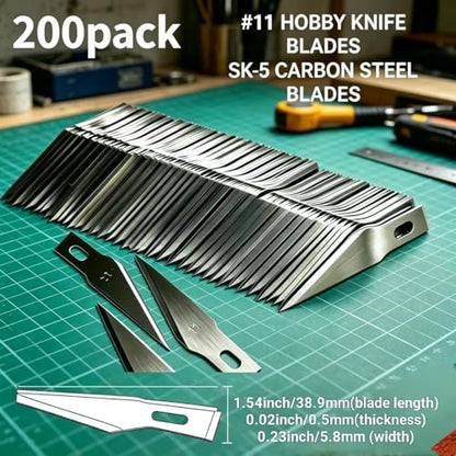 200 Pack Thickened #11 SK5 Hobby Knife Blades, Precision Replacement Blades for Craft, Model & Phone Film Trimming