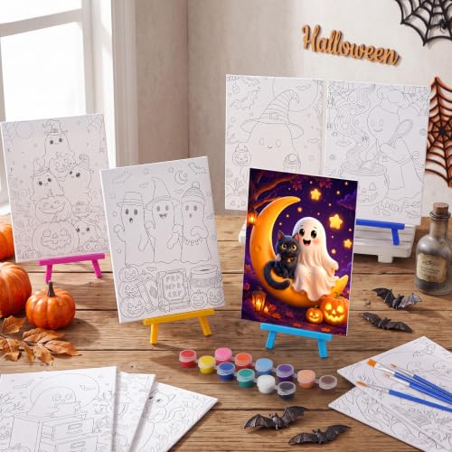 Sip and Paint Kit, Halloween Pre Drawn Outline Canvas with Wood Easels, Acrylic Paints, Beginner Friendly DIY Project - style: Cute Ghost