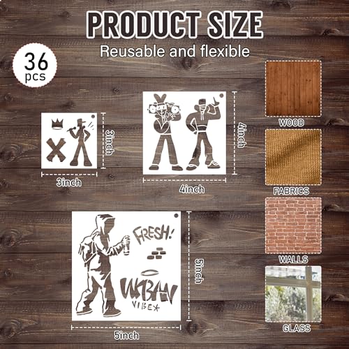 Keluna Street Spray Painting Stencils - 36 Pcs Graffiti Street Art Stencils for Painting on Wall Rock Canvas Bags T-Shirt Rug Mat - style: graffiti