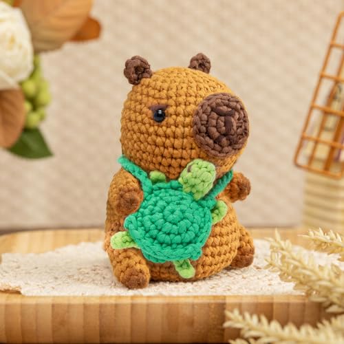 Mewaii Capybara Crochet Kit for Beginners, 40% Extra Yarn - color: Brown and Dark Green
