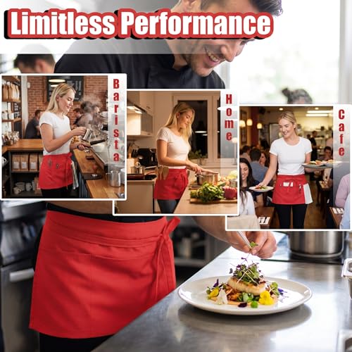 TOSHE Waist Apron 3 Pockets Waterdrop Resistant Cotton Server,Chef,Waitress - color: Red