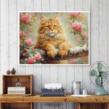 MIJVFNB Cross-Stitch Stamped Kits, Maine Coon on a Branch, Embroidery Crafts Needlepoint Kit, Beginners Starter Kits, DIY Handmade Gifts 11CT 3 Strands 12x16 inch