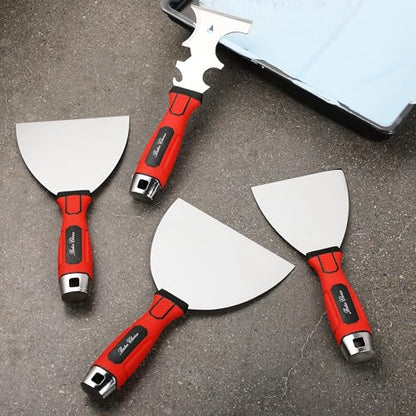 Bates- Putty Knife Set, 4 Pack, Stainless Steel, 4" 5" 6" & 10 in 1 Multi Purpose Painters Tool, Soft Grip Handle, Hammer End, Spackle Knife, Metal Paint Scraper Tool, Wall Scraper