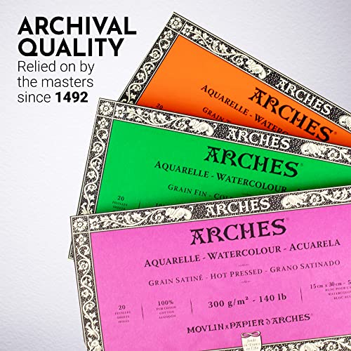 Arches Aquarelle Watercolor Block, Cold Pressed, 140lb/300gsm, 20 Sheet, 5.9x11.8 inch, Arches Watercolor Paper 100% Cotton