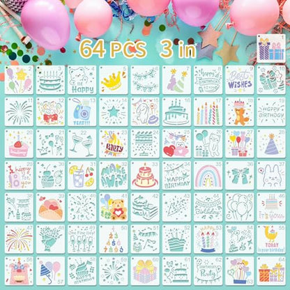 Birthday Stencils for Painting, 64 Pcs 3 Inch for Cards Scrapbooks | Reusable & Easy to Clean, Cake & Party Icons, Favor Bags, Cupcake Picks, Classroom Projects, Beginner Friendly - color: Birthday