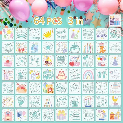 Birthday Stencils for Painting, 64 Pcs 3 Inch for Cards Scrapbooks | Reusable & Easy to Clean, Cake & Party Icons, Favor Bags, Cupcake Picks, Classroom Projects, Beginner Friendly - color: Birthday