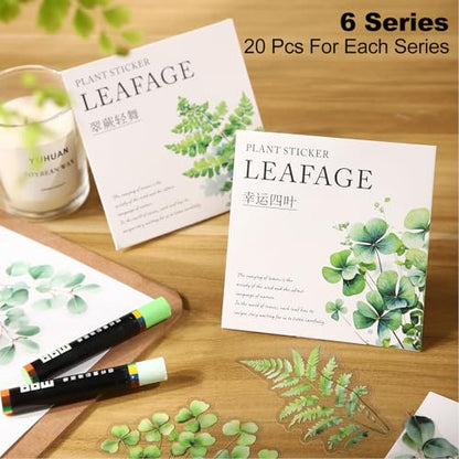 120 Pcs Botanical Leaf PET Stickers for Scrapbook Journaling | Transparent plant ephemera for junk journals, planners, collage, card making, and DIY crafts - color: Leaf Whisper