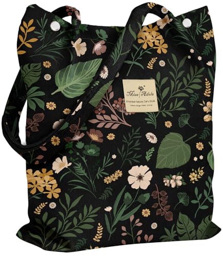 Miss Adola Corduroy Tote Bag for Women with Aesthetic Design | Magnetic Buckle & Pocket, Reusable, Soft, Roomy, Long Shoulder Handles, Double-sided Print, Casual Daily Work, Grocery Bags - color: Green Pk Flower