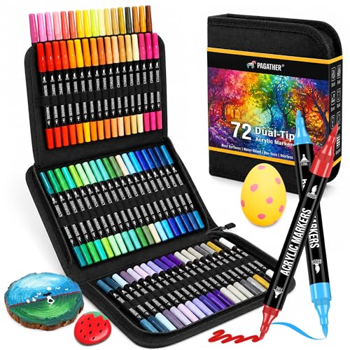 Pagather Acrylic Paint Markers, 72 Colors Dual Tip Fine & Brush Pens Set - color: 72 Colors
