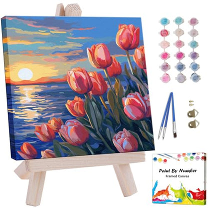 Artunion Framed Paint by Numbers Kit for Adults Beginners & Kids Ages 8-12,Sunset Tulip Flower Paint by Number with Frame,Floral Paint by Numbers Kit on Canvas 10 * 10 Inch Without Easel - color: ZXT-189-F