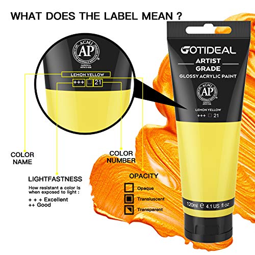 GOTIDEAL Acrylic Paint Lemon Yellow Tubes(120ml, 4.1 oz) | Non Toxic, Non Fading, Rich Pigments,for Painters, Adults & Kids,Ideal for Canvas Wood Clay Fabric Ceramic Craft Supplies - color: Lemon Yellow, style: Regular