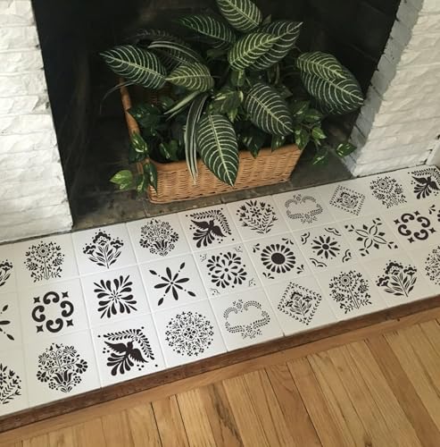 Talavera Stencil Mexican Stencils 4” | Folk Art Stencil Tile Stencils for Painting on Stairs Floor Furniture Wood Cielito Lindo Decor - style: Tile-4"/49p