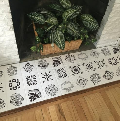 Talavera Stencil Mexican Stencils 4” | Folk Art Stencil Tile Stencils for Painting on Stairs Floor Furniture Wood Cielito Lindo Decor - style: Tile-4"/49p