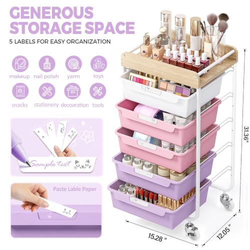 SYKIARIOL Utility Cart with 5 Labeling Drawers and Wooden Tabletop,Purple - color: Dreamy Color, size: 5-Drawer