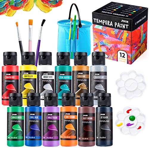 JOYIN Washable Tempera Paint Set for Kids 12PCS, Non Toxic Liquid Paint with 6 Brushes and 2 Palettes - Art Supply for Kids for Arts and Crafts Project, Finger Painting (2 oz Each), Easter Basket Stuffers - size: 2 Fl Oz (Pack of 12)