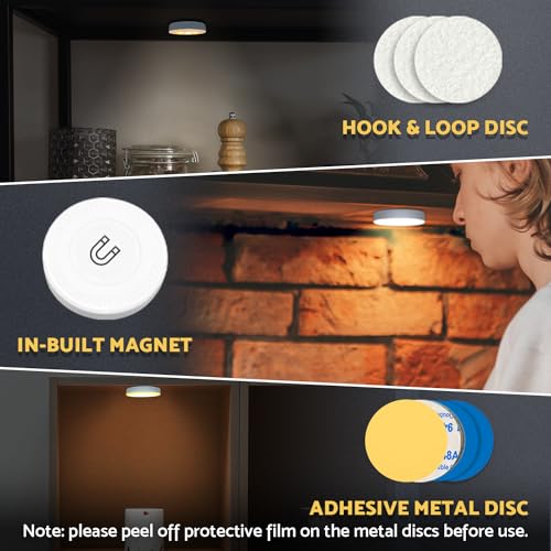 DAZZY DOT Rechargeable Puck Lights 2-Pack, Magnetic Tap Light, Warm Yellow | Dimmable touch control, magnetic & adhesive mounting, 1000mAh rechargeable battery, 8 LED beads, brightness memory - color: Warm Yellow