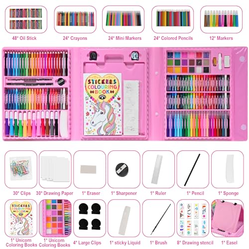Goldge Art Supplies, Drawing Art Kit, Kids Art Set | 230 PCS+, Double Sided Trifold Easel, Colored Pencils, Crayons, Oil Pastels, Watercolor Pens, Coloring Book, Gifts - color: DARK PINK
