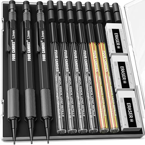 Four Candies 3PCS 1.3mm Metal Mechanical Pencil Set with Case (Black) | 72 Refills (Red,Black,Yellow), 3 Erasers, 16 Eraser Refills, Weatherproof Body for Construction Outdoor Woodworking Marking - size: 3-Pack, style: Black