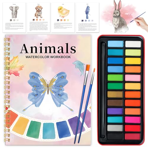 Watercolor Workbook - Coloring Book Beginner Friendly Painting Kit, Watercolor Workbooks for Adults with 24 Colors Paint, Exploration Gift for Adults Teens (Animals) - color: Animals