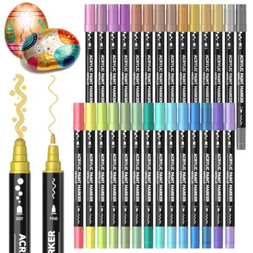 Shuttle Art 28 Metallic Dot & Fine Tip Acrylic Paint Markers | Dot and fine tips for rock, wood, canvas, glass, ceramic. Great for crafts, cards, calligraphy. Quick-dry metallic inks. - color: 28 Metallic Colors Fine Tip and Dot Tip, size: 1 Count (Pack o