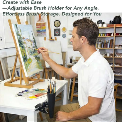 14 Paint Brushes Set with Brush Holder, Includes Hog Bristle & Weasel Hair Brushes for Oil, Acrylic, and Watercolor, Rotating Metal Clamp Convenient Storage and Positioning During Painting