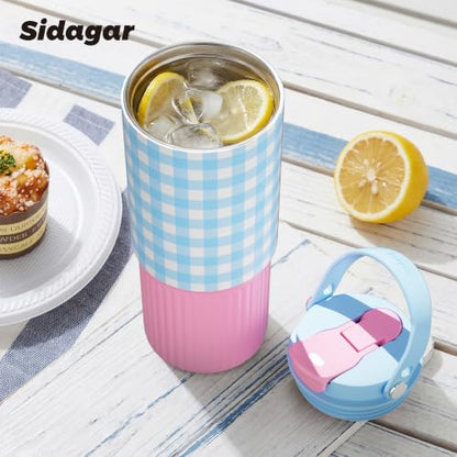 26 oz Insulated Stainless Steel Tumbler with Straw & Handle Blue - color: Blue Grid