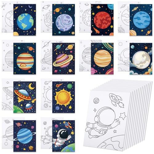 Anseal 12 Packs Planet Pre Drawn Canvas to Paint, Pre Printed Canvas for Adults, Space Planet Party Favors, Pre Stretched Canvas Outline Painting Boards for Beginners, Party Favor - color: Planet