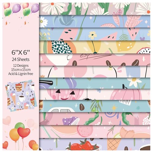 Scrapbook Paper, 24 Sheets 6"×6" 160gsm Single-Sided Patterned Cardstock | Vintage Decopodge Scrapbook Supplies, Junk Journal Decorative Crafts DIY Album Card Making Art Journaling.Cartoon - color: 24 sheets-cartoon
