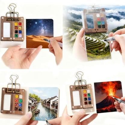 Mini Watercolor Paint Set, Portable Travel Watercolor Palette with 12 Colors, 3 Brushes, Picture Album & Binder Clips, 8-Grid Wooden Pocket Paint Box