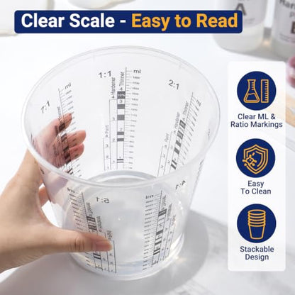 Gartful 30 Pack 64oz 1900ml Clear Plastic Paint Mixing Cups with 30 Stir Sticks - Disposable Graduated Measuring Cups for Paint, Resin & Epoxy with ML Scale & 3-Column Ratios (1:1-7:1) for DIY Crafts - size: 64oz / 1900ml