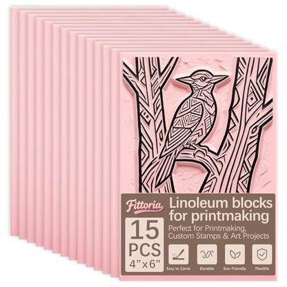 15Pcs 4"x6" Linoleum Blocks for Printmaking, Premium Rubber Linocut Block, Soft Relief Printing Supplies for Stamp Carving, Printing, DIY Crafts and Art Projects - color: linocut block 4x6x0.32in-15pcs