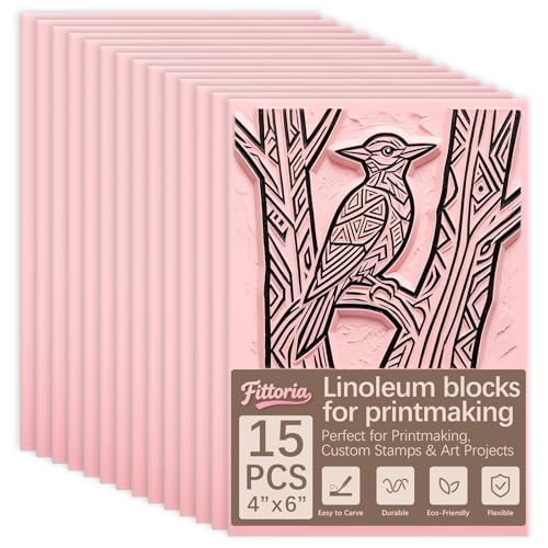 15Pcs 4"x6" Linoleum Blocks for Printmaking, Premium Rubber Linocut Block, Soft Relief Printing Supplies for Stamp Carving, Printing, DIY Crafts and Art Projects - color: linocut block 4x6x0.32in-15pcs