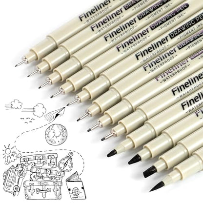 12 Pcs Fineliner Drawing Art Pens Black Waterproof Pigment Ink Set