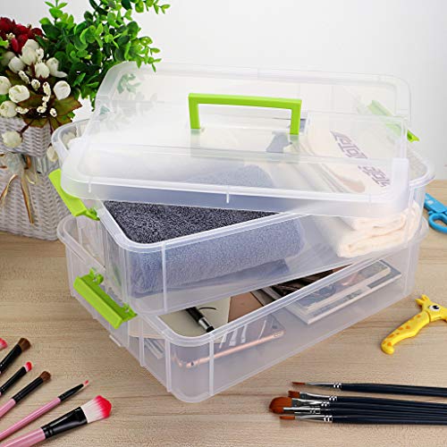 JUXYES 2-Tiers Plastic Stack Carry Storage Containers Box wih Handle Lids - color: Green
