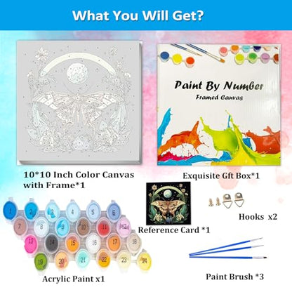Artunion Framed Paint by Numbers Kit for Adults Beginners & Kids Ages 8-12,Butterfly Moth Paint by Number with Frame,Moon Flower Paint by Numbers Kit on Canvas 10 * 10 Inch Without Easel - color: ZXT-331-F