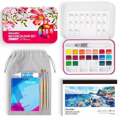 AUREUO Travel Watercolor Set - 18 Floral Color Watercolor Paint Set with Brushes, Watercolor Postcards, Masking Pen & Tote Bag - Water Color Painting Kit for Adults, Beginners, Professionals - color: Floral Kits