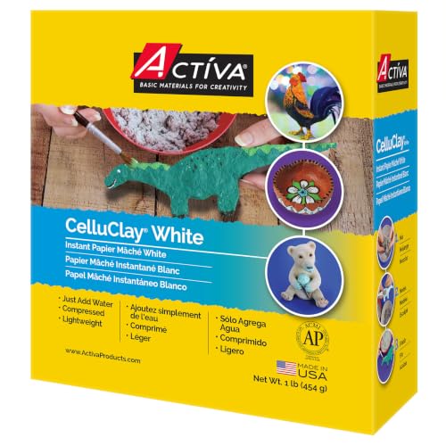 Activa CelluClay Instant Paper Mâché, White, 1lb (450g) | Super Fine Sculpting & Texturing Material for Arts & Crafts | Easy-to-use, no mess, just add water, air dry, for sculpture, mixed media, fine art, craft, décor, dioramas, masks, props - size: 1 pou