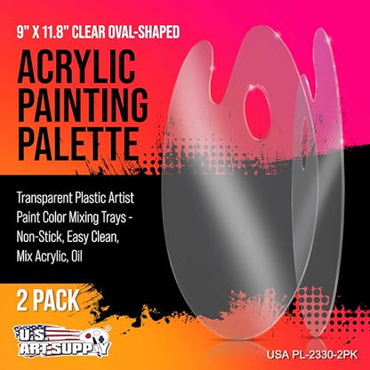 U.S. Art Supply 9" x 11.8" Clear Oval Acrylic Painting Palette (2-Pack) | Artists Transparent Plastic Mixing Paint Palette Tray - Non-Stick Surface for Acrylic and Oil Paint - size: 9-inch x 11.8-inch