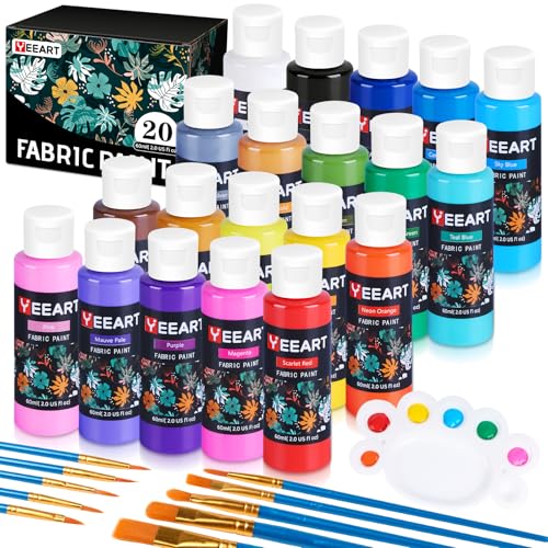 Fabric Paint, Yeeart 20 Colors Permanent Soft Fabric Paint Set for Clothes in Bottles (60ml/2oz) with 10 Brushes, Palette, Non-Toxic Textile Paint Art Supplies for Clothes, Canvas, T-Shirts, Jeans, Bags & Art Crafts - size: 2 Fl Oz (Pack of 20)