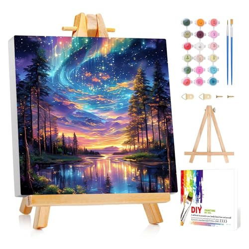 Framed Paint by Numbers Kit for Adults Beginner Kids Ages 8-12 Starry Night Adult Paint by Number Kits on Canvas with Easel Landscape Painting by Numbers for Adults with Frame DIY Painting Kits 8x8 In - color: NZB30, size: 8x8 Inch