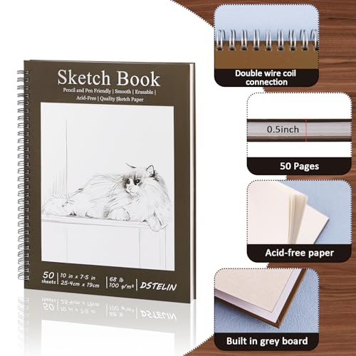 DSTELIN 2 Pack 10" x 7.5" Spiral Bound Art Sketchbook, 50 Sheets 68LB/100GSM Acid-Free Thick Paper, Sketch Pads with Cardboard Backing for Artists and Students